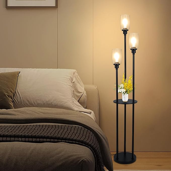 HMVPL Floor Lamps for Living Room, 3-Lights Modern Floor Lamp with Shelves, Farmhouse Standing Lamp with Glass Shades, On/Off Foot Switch, Black Industrial Tall Lamp for Bedroom Office Corner(66")