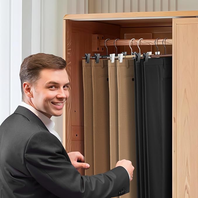 Wooden Pants Hangers with Clips 20 Pack Adjustable Wood Skirt Hangers for Women&Men Space Saving Closet Non Slip Clothes Hanger for Jeans,Trousers,Short,12Inch Black