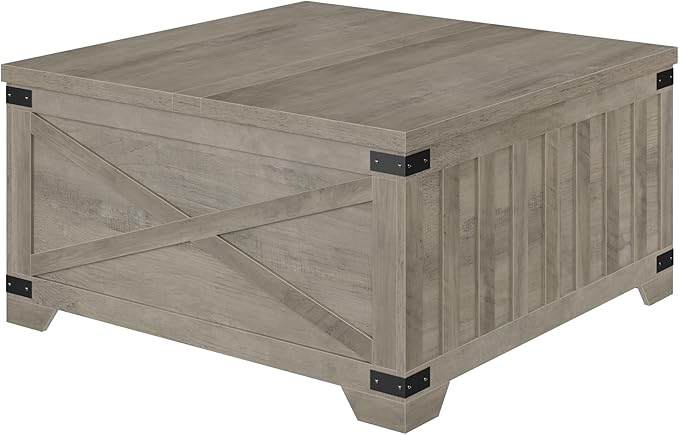 HOSTACK Farmhouse Coffee Table with Storage, 35.4" Square Center Table with Hinged Lift Top, Vintage Wood Cocktail Table with Thickened Top for Living Room, Home (Ash Gray)