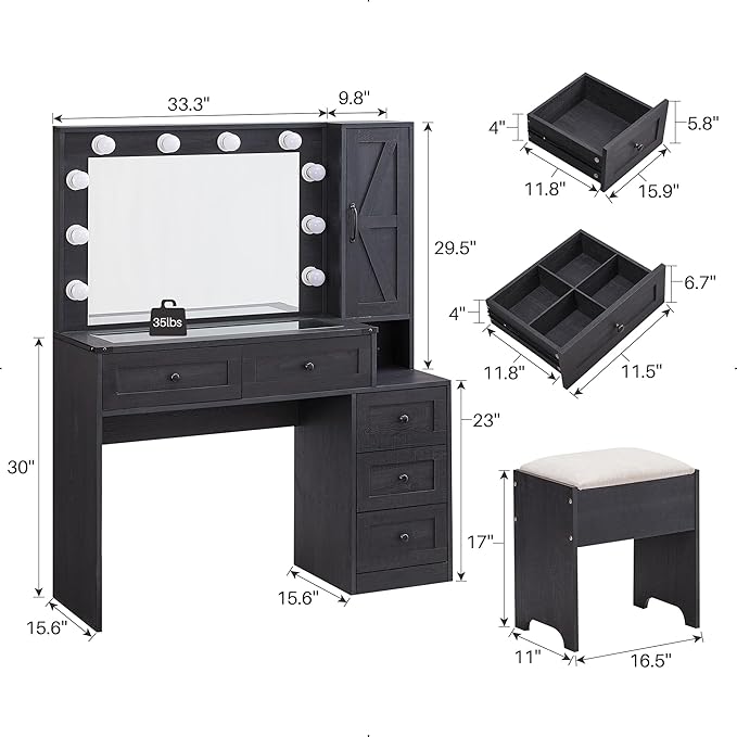 JXQTLINGMU Farmhouse Vanity Makeup Desk with Charging Station, 43" W Vanity Desk with Lights Mirror and Drawers for Makeup, Big Modern Makeup Table Set with Stool for Bedroom, Black