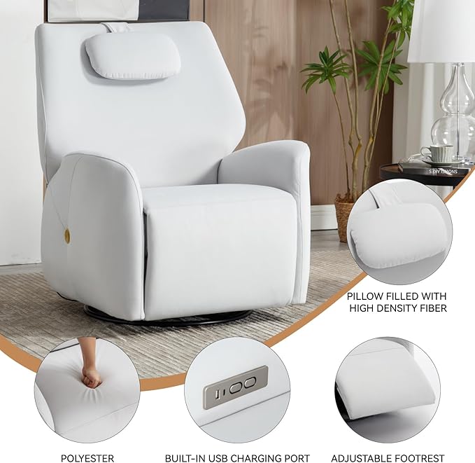 Power Recliner Chairs for Women, 270° Swivel Recliner Rocker Chair with Charging Ports, Reclining Rocking Glider Chair for Nursery, Polyester Fabric White