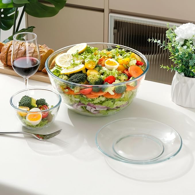 NUTRIUPS 4.7 Quart Large Glass Mixing Bowl with Lid, Deep Big Glass Bowl Large Glas Salad Bowl