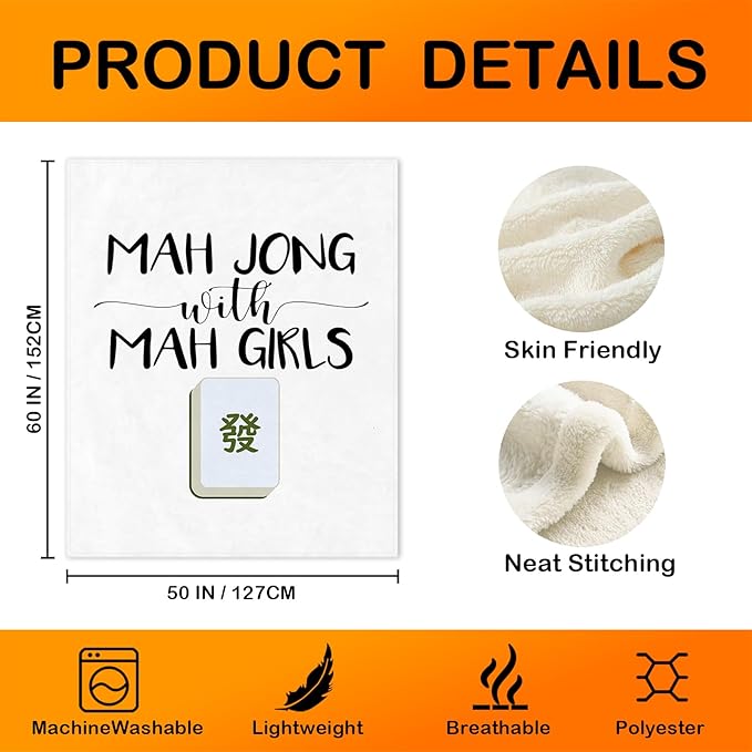 Mahjong Throw Blanket for Girls Women,Gifts for Women Mahiong Players Lovers,Mah Jong Blanket for Office Couch Bed Girl Dorm Bedroom Living Room,50x60 Inches