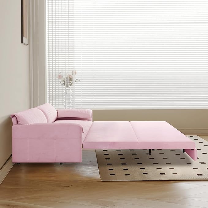 66-Inch Queen Size Convertible Sleeper Sofa Bed, 3-in-1 Pull-Out Futon Loveseat, Velvet Love Seat Couch with Side Pocket for Living Room, Office, Apartment, RV, Hide-A-Bed Fold Out Sofa&Couch