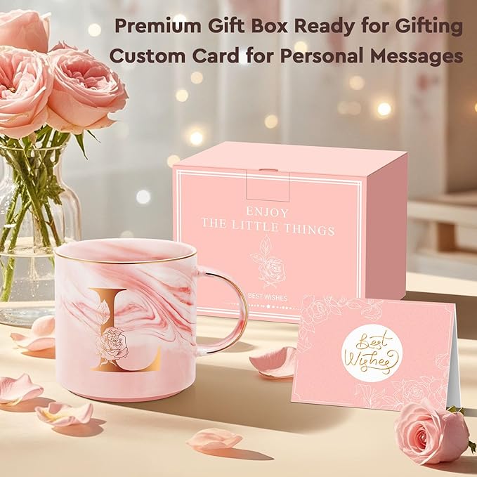 Personalized Gifts for Women Coffee Mug, Initial Customized Gift Monogrammed A-Z Coffee Mug 12 OZ, Christmas Anniversary Birthday Gifts for Women Mom Grandma Friend Sister Wife(L)