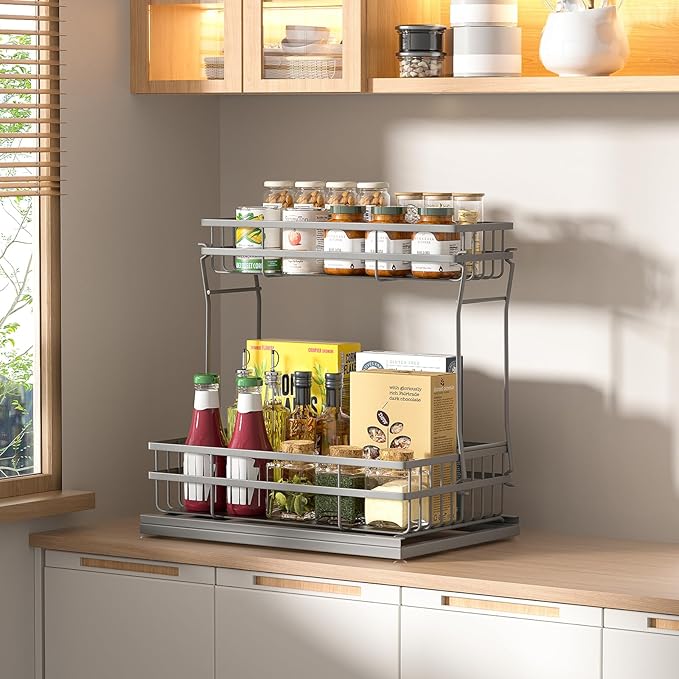 2 Pack Under Sink Organizers and Storage, 2 Tier Pull Out Cabinet Organizer, Metal Sliding Drawer Storage for Kitchen Bathroom,Gray