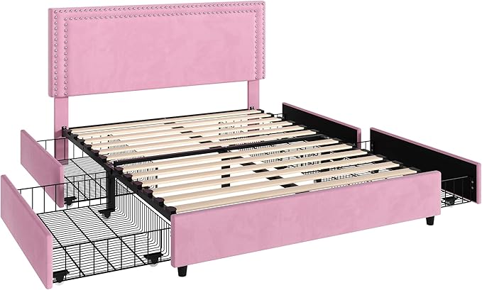 VECELO Full Size Upholstered Platform Bed Frame with 4 Storage Drawers, Adjustable Velvet Rivet Decor Headboard, Wooden Slats Support, No Box Spring Needed, Easy Assembly