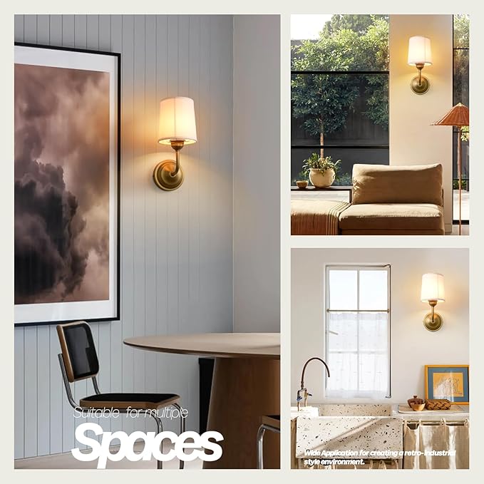 Vintage Fabric Wall Sconce with Funnel White Cloth Shade, E26 Hardwired Indoor 1-Light Wall Mounted Lamp Fixture for Living Room Bedroom Dining Room Hallway