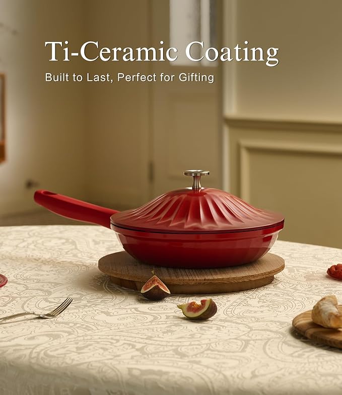 Nonstick Ceramic Cookware Set (7 Piece)–Titanium Cast Aluminum Pots and Pans Set with Lids, Non Toxic PFAS-Free Compatible with All Stovetops–Merlot Velvet