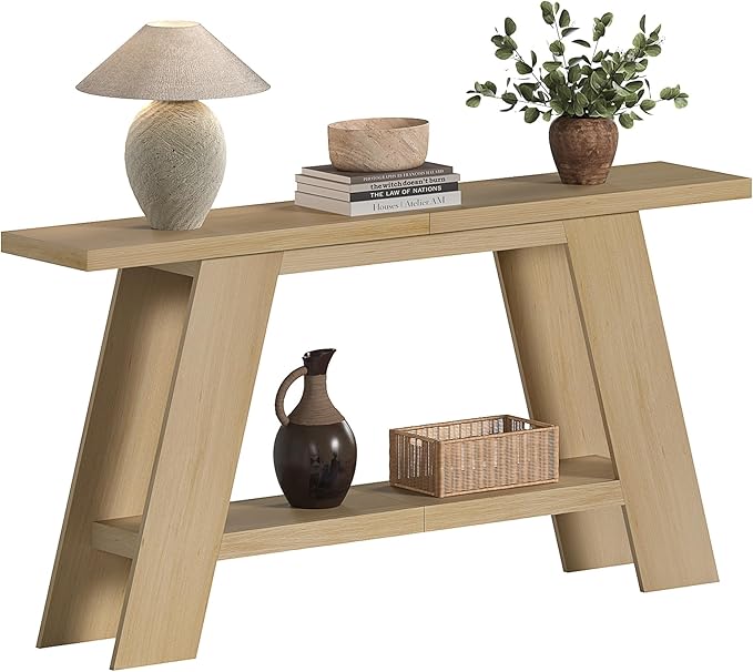 Treocho 63 Inch Long Console Tables for Entryway, 2-Tier Modern Wood Sofa Table with Shelf Behind Couch, Contemporary Narrow Entryway Table for Living Room, Hallway, Entrance, Hallway, Entrance, Oak
