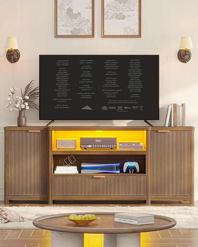 AOGLLATI Fluted TV Stand for Living Room, 71” Heavy-Duty TV Console Cabinet with Storage and Shelf, Mid Century Modern Television Stands with Drawers for 60/65/70/75/80 TV, Wood (Wood)