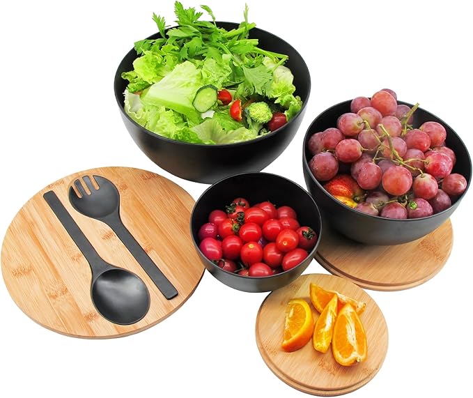 Salad Bowls Set of 3 with Lid & Serving Utensils, Bamboo Fiber Mixing Bowls Set Large Serving Bowls & Storage Set with Bamboo Lid for Salad, Kitchen Eating, Pasta, Popcorn, Chips, Fruit, Black
