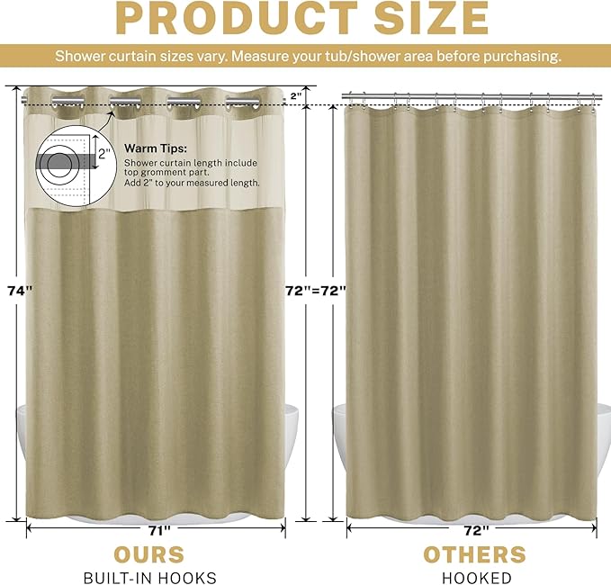 No Hook Shower Curtain with Snap in Liner, Polyester Textured Shower Curtain with Liner Set, Waterproof Washable Hotel Style Shower Curtains for Bathroom, 71Wx74H, Khaki