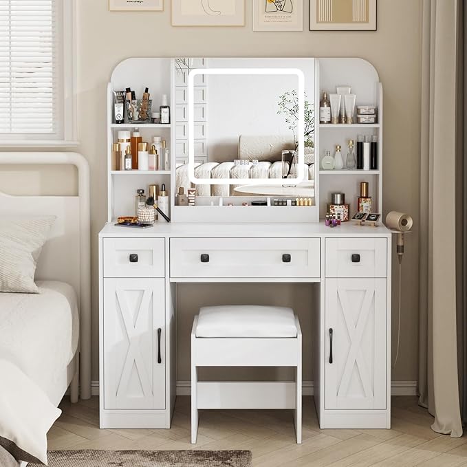 Vabches Makeup Vanity Desk, Vanity Mirror with Lights Desk and Chair,Makeup Table with 3 Large Drawers and 2 Cabinets, Time and Temperature Display, 3 LED Lighting Modes Adjustable, White