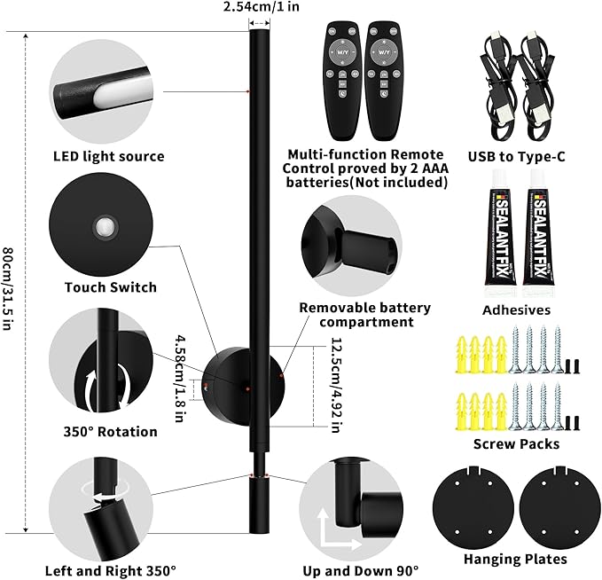 Battery Operated Wall Sconce Set of 2 with Reading Spotlights, RGB Rechargeable LED Wall Lights with Remote, Black Wireless Indoor Modern Decor Lighting for Living Room Bedroom Bathroom