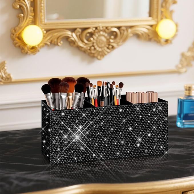 Bling Makeup Brush Holder Organizer, 3 Slot Sparkle Cosmetics Brushes Storage Holders with Shiny Rhinestones, Glitter Cute Pen and Pencil Holder for Desk, Eyeliners Display Case for Vanity (black)