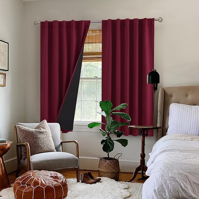 BGment 100% Blackout Curtains 40 Inch Length for Cafe, Rod Pocket and Back Tab Double Layer Thermal Insulated Full Room Darkening Bedroom Kitchen Curtains, 2 Window Panels, 42 x 40 Inch, Burgundy Red