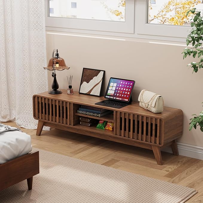 TV Stand 59" Mid-Century Modern Television Stand for 55/60/65 inch TV, Wood Entertainment Center with Storage, TV and Media Console for Living Room, Bedroom, Office (Walnut)