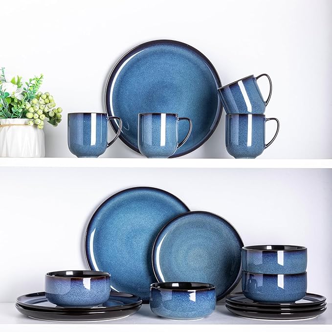LERATIO Ceramic Dinnerware Sets for 12, 36 Pieces Plates and Bowls Sets, Reactive Glaze Dishes -Scratch Resistant, Dishwasher&Microwave Safe&Oven Safe-Blue
