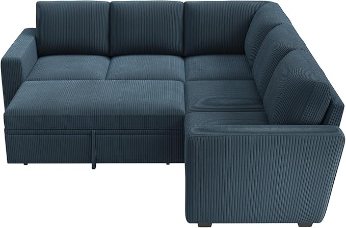 HONBAY Modular Sectional Sleeper Couch with Pull Out Bed, Corduroy L Shaped Sofa with Storage, Convertible Sectional Couches for Living Room, Blue