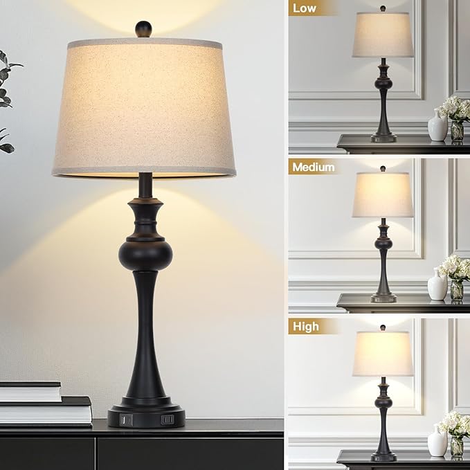 28.75'' Modern Black Metal Table Lamps Living Room Lamp for Nightstand Bedside End Lamp Home Decor Touch Lamp Modern Lamps with USB A+C Ports & Outlets (Bulb Included)