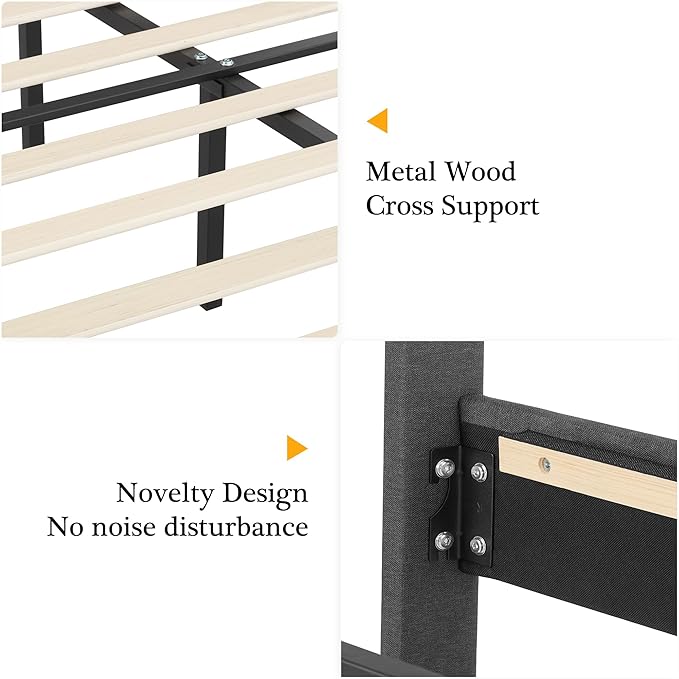 VECELO Twin Size Platform Bed Frame with Fabric Upholstered Headboard and Wooden Slats Support, No Box Spring Needed/Easy Assembly,Grey