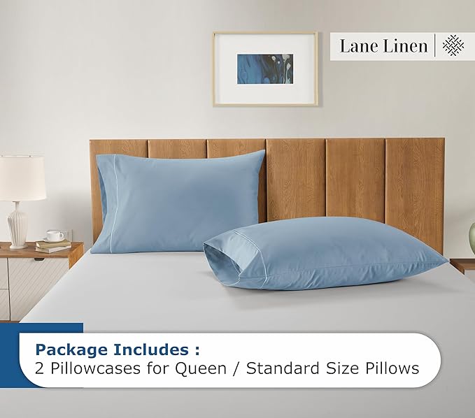 Lane Linen 100% Egyptian Cotton Pillow Cases Queen Size Set of 2 (20"x30") - 1000 Thread Count Cotton Pillowcases - Soft Queen Size Light Blue Pillow Cases Set of 2 - French Blue