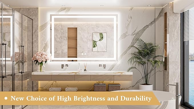 TETOTE LED Bathroom Mirror with Lights 48 x 36 Brighter Light up Mirror for Bathroom Vanity, Front and Backlit Lighted Antifog Mirror Wall Mounted, 3-Color Dimmable, Waterproof, Tempered Glass