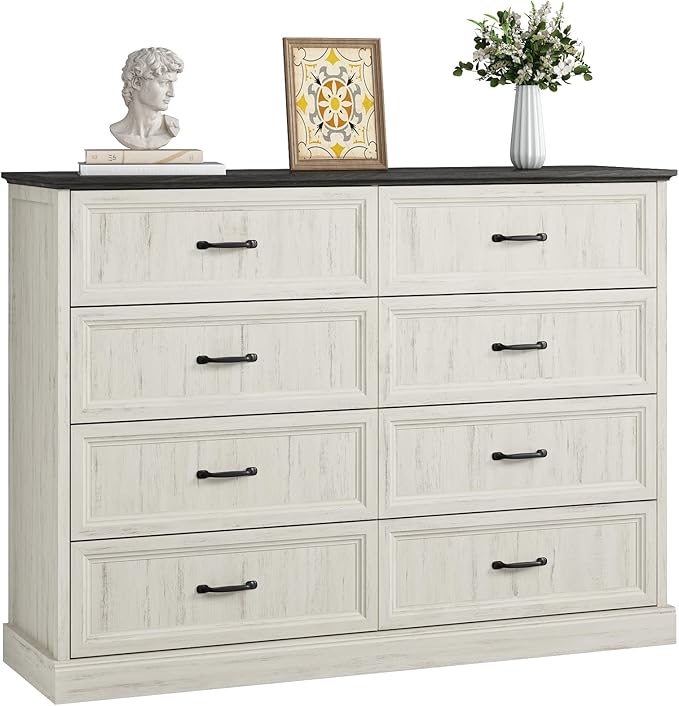 CARPETNAL Farmhouse 8 Drawer Dresser for Bedroom, 55" Wide Modern White Dresser TV Stand with Large Drawers & Bar Handles, Rustic Wood Chest of Drawers for Bedroom, Living Room, Hallway, Entryway.