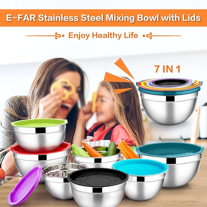 E-far Stainless Steel Mixing Bowls with Lids, 7-Piece Metal Nesting Bowls with Colorful Airtight Lids for Saving Storage Space, Size 7, 4.6, 3, 2, 1.5, 1, 0.7QT, Great for Baking/Cooking/Prepping
