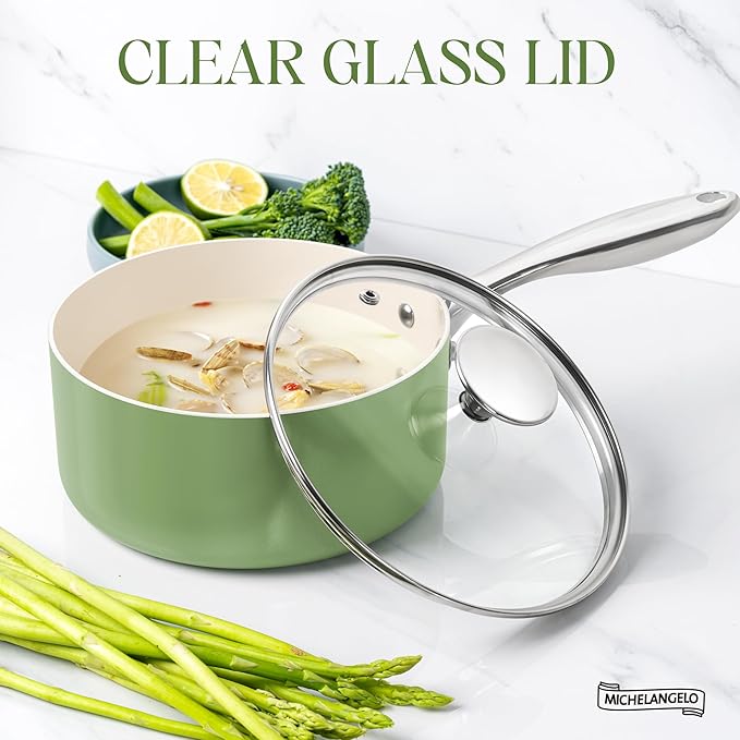 MICHELANGELO Sauce Pan with Lid, Non Stick Saucepan Set of 3-1Qt & 2Qt & 3Qt Small Pots for Cooking, Ceramic Saucepan - Non-Toxic, Scratch-Resistant, Oven Safe, Natural Green