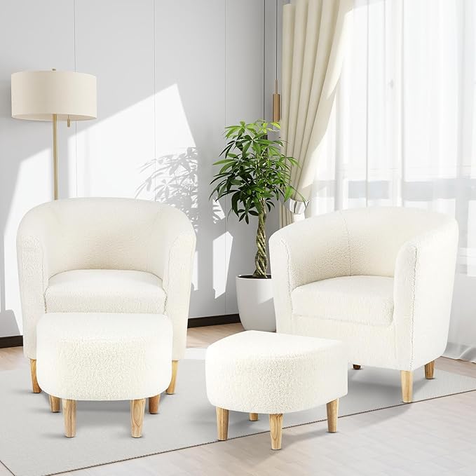 DAZONE Sherpa Accent Chair with Ottoman, White Fluffy Teddy Barrel Armchair for Cozy Living Room, Small Comfy Chairs for Bedroom, Reading Corner