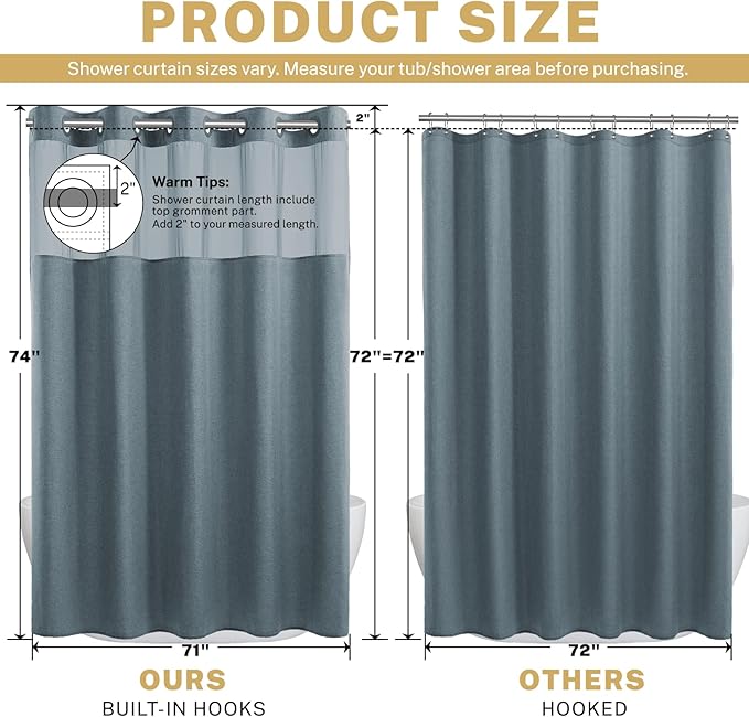 No Hook Shower Curtain with Snap in Liner, Polyester Textured Shower Curtain with Liner Set, Waterproof Washable Hotel Style Shower Curtains for Bathroom, 71Wx74H, Blue Grey