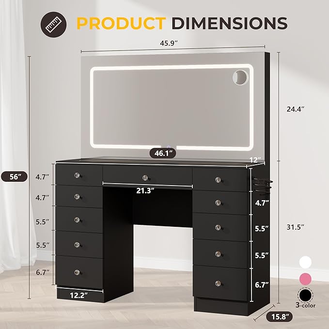 Vanity Desk with Mirror and Lights, 11 Drawers Makeup Vanity Desk with Tempered Glass top, 3 Lighting Modes Adjustable Brightness, Black Vanity with Magnetic 5X Magnifier for Bedroom