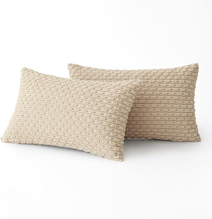 MIULEE Throw Pillow Covers Soft Corduroy Decorative Set of 2 Boho Summer Striped Pillow Covers Pillowcases Farmhouse Home Decor for Couch Bed Sofa Living Room 12x20 Inch Beige