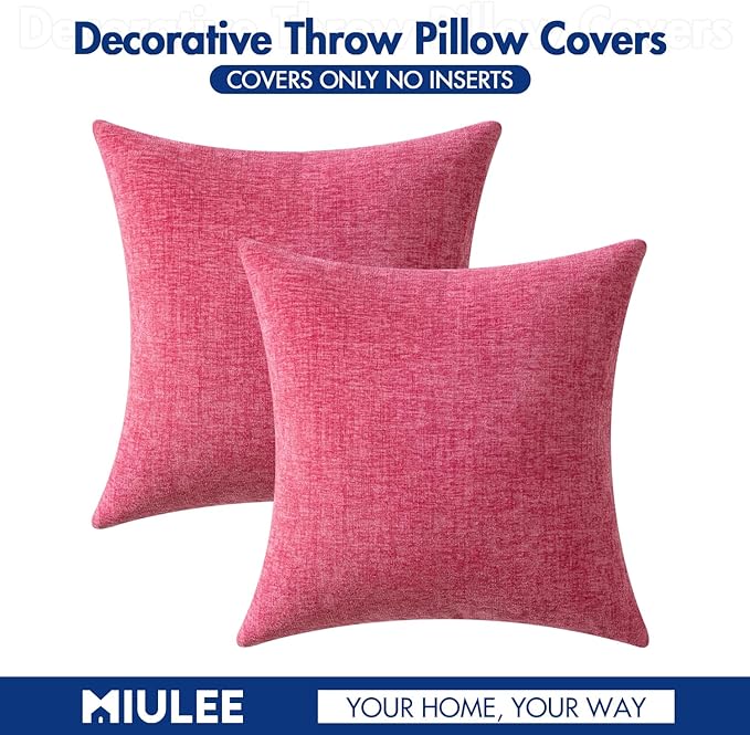 MIULEE Pack of 2 Couch Throw Pillow Covers 18x18 Inch Soft Hot Pink Chenille Pillow Covers for Sofa Living Room Solid Dyed Pillow Cases