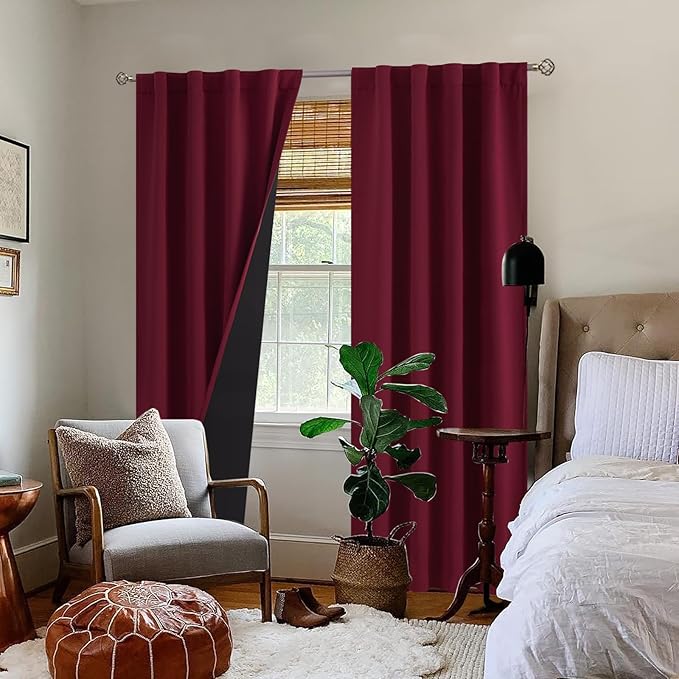 BGment Burgundy Red 100% Blackout Curtains for Bedroom, Black Out Living Room 84 inch Panels with Thermal Liner, Rod Pocket and Back Tab Double Layer Room Darkening Drapes, 2 Panels,Each 38 x 84 Inch