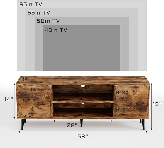 Flamaker TV Stand, 58 Inch Entertainment Center with 2 Doors and 2 Storage Cabinets for TV up to 65 inch, TV Console Table for Living Room, Bedroom, Office (Vintage Brown)