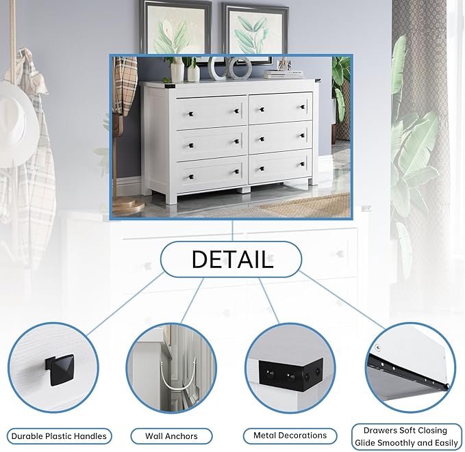 White Dresser for Bedroom with 6 Drawers, Modern Chest of Drawers, Wood Rustic Wide Storage Drawers Dressers Organizer for Closet, Living Room, Hallway