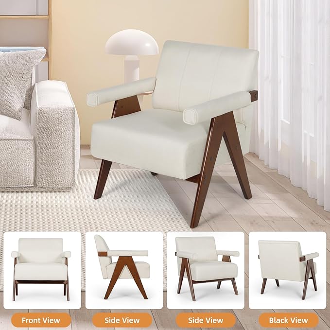 AODAILIHB Mid Century Modern Chairs Set of 2 Beige Linen Fabric Accent Chair Wooden Arms with Soft Bag Living Room Chairs with Thick Cushion Comfy Leisure Waiting Room Chairs Bedroom/Office (2, Beige)