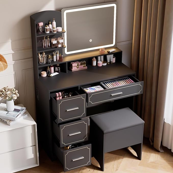 Vanity Table with LED Mirror & Power Outlet - 5 Open Shelves, 4 Drawers - Includes Padded Stool - Ideal Bedroom Makeup Dressing Table (Black)
