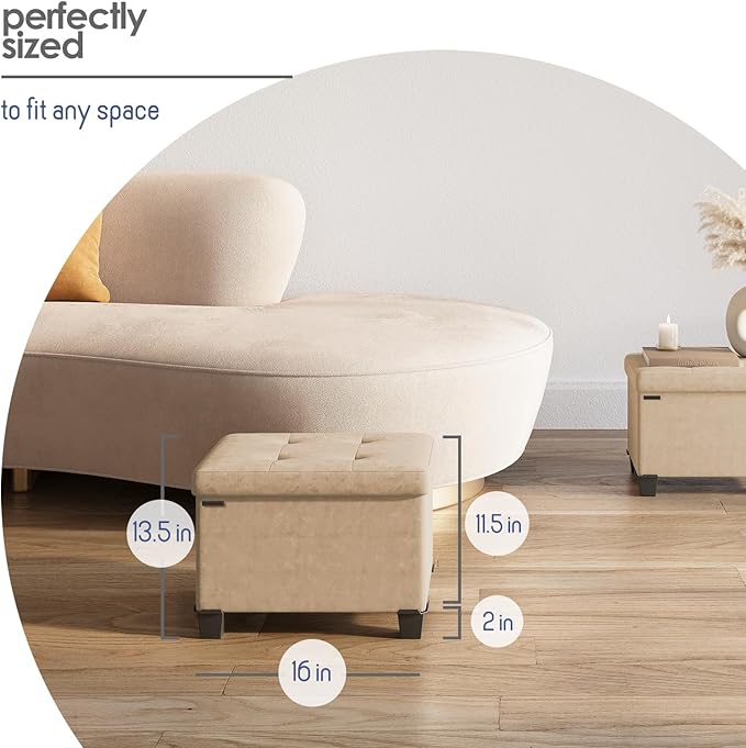 STORAGEBUD Storage Ottoman Cube with Small Bin, 16-in Square Ottoman with Storage for Living Room and Bedroom, Small Ottomans Foot Rest, Velvet Foot Stools Ottomans Max 330lbs, Taupe