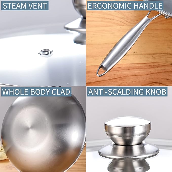 LOLYKITCH Tri-Ply 13 Inch Stainless Steel Wok Pan with Lid, Stir-Frying Pan,Induction Wok,Dishwasher and Oven Safe,Heavy Duty and Detachable handle.