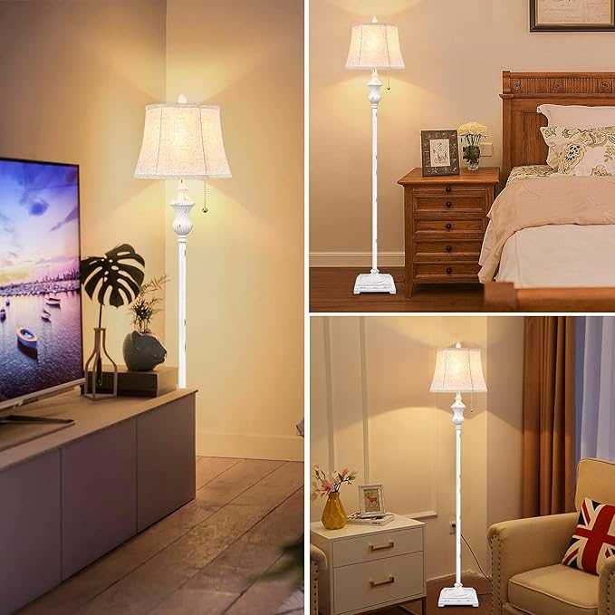 TOBUSA Rustic Vintage White Floor Lamp for Living Room Bedroom, 64inch Traditional Tall Floor Lamp with White Linen Shade, Retro LED Standing Pole Lamp Upright Floor Light for Home Decor, Pull Chain