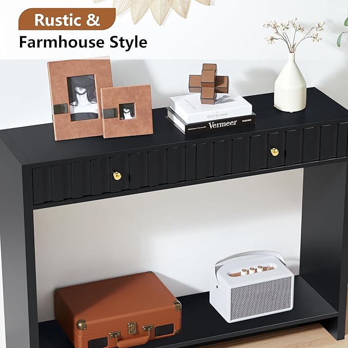 Console Table with Drawers, Narrow Mid-Century Fluted Entryway Table Sofa Table with Storage Shelf, Wood Entry Table Accent Behind Couch Table for Entrance, Hallway, Living Room (Black)