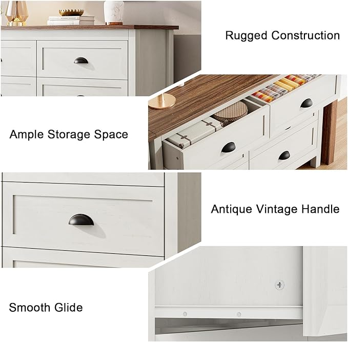Wananlanen® Farmhouse Dresser for Bedroom, Antique Double Dresser & Chest of Drawer with Vintage Handle and Storage, Wooden Tall Rustic Organizer for Bedroom (Antique White, 6 Drawer)