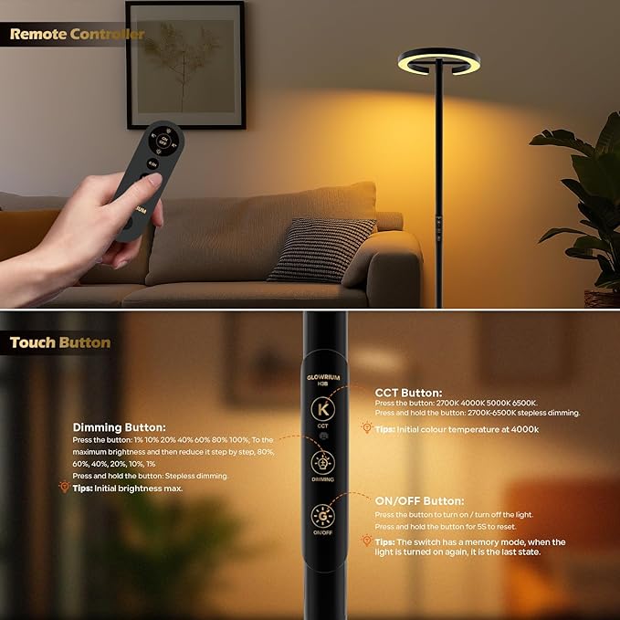 GLOWRIUM Floor Lamp with Remote,Floor Lamps for Living Room,Stepless Dimmable Rotatable Reading Floor Lamp, 2700-6500K,Modern Bright Floor Light for Living Room Bedroom Office (H3B)