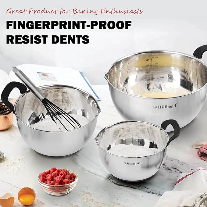 Hillbond Stainless Steel Bowls with Lids Set Mixing Bowls with Pour Spout, Silicone Handle and Non-Slip Bottoms for Baking, Metal Bowls Mixing Dishwasher Safe, Set of 3 (Black)