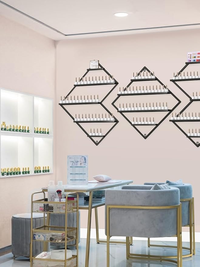 EBANKU Metal Wall Mounted Nail Polish Storage Racks, Black Display Rack Cosmetic Display Case Lipstick Wall Shelf Essential Oil Organizer for Bottles Spa Nail Salon (Irregular Rhomboid)