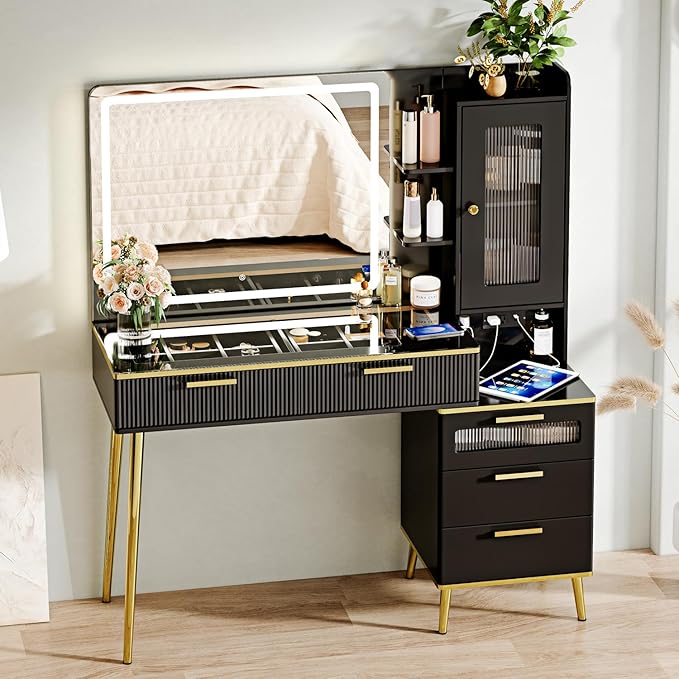 Vanity Desk with 29.53" HD Lighted Mirror, 47.24" Big Modern Vanity Desk with Mirror and Lights, Makeup Vanity with 5 Drawers and Storage Shelves and Charging Station, Black